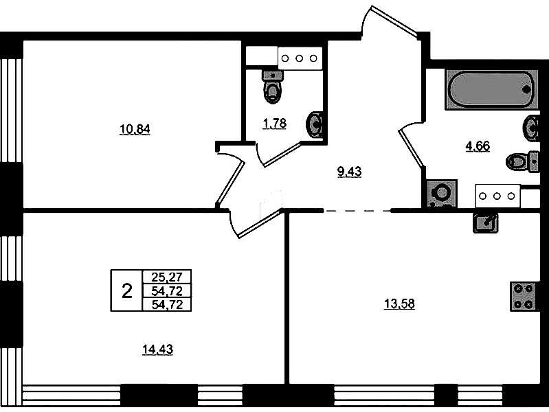 2-комнатная квартира 54.72 м², 3/5 эт., ЖК «Plus Пулковский»